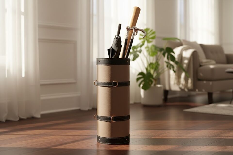 Handcrafted Printed Leather Umbrella Stand – Beige