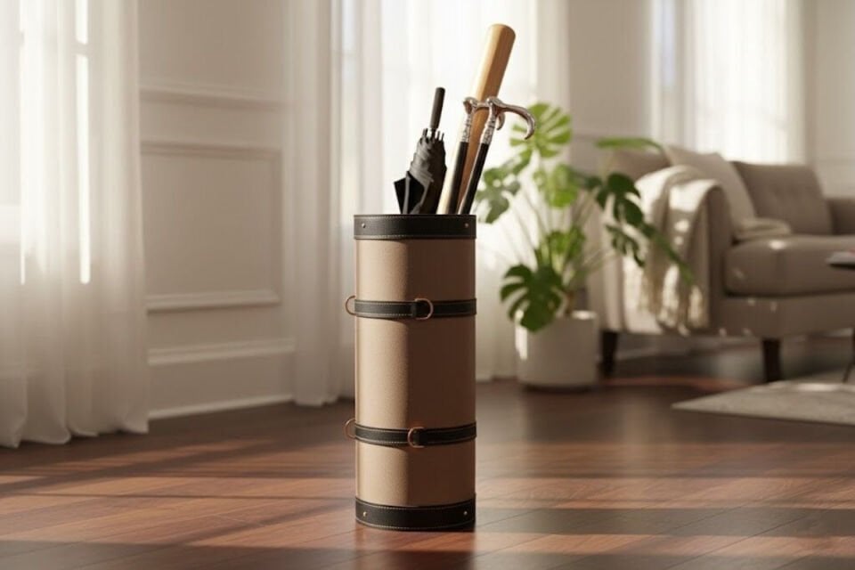 Handcrafted Printed Leather Umbrella Stand – Beige