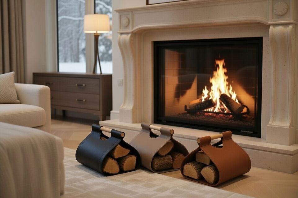 Gardin Leather Printed Leather Firewood Holder-Beige