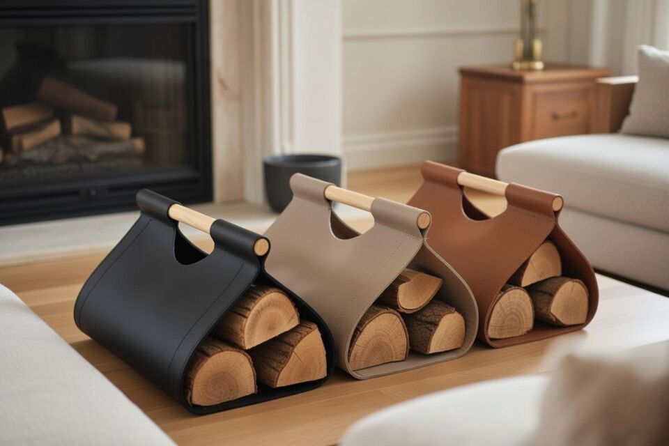 Gardin Leather Printed Leather Firewood Holder-Beige