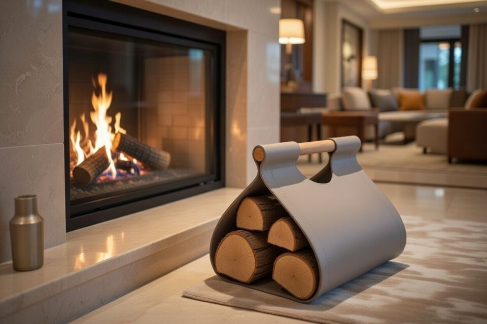 Handcrafted Leather Firewood Carrier-Gray