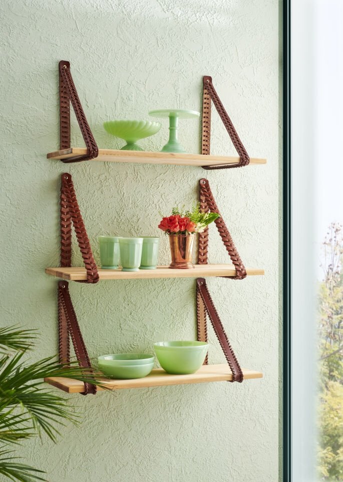 Gardin Leather Deri Askılı Raf – Masif Ahşap ve El Yapımı Tasarım