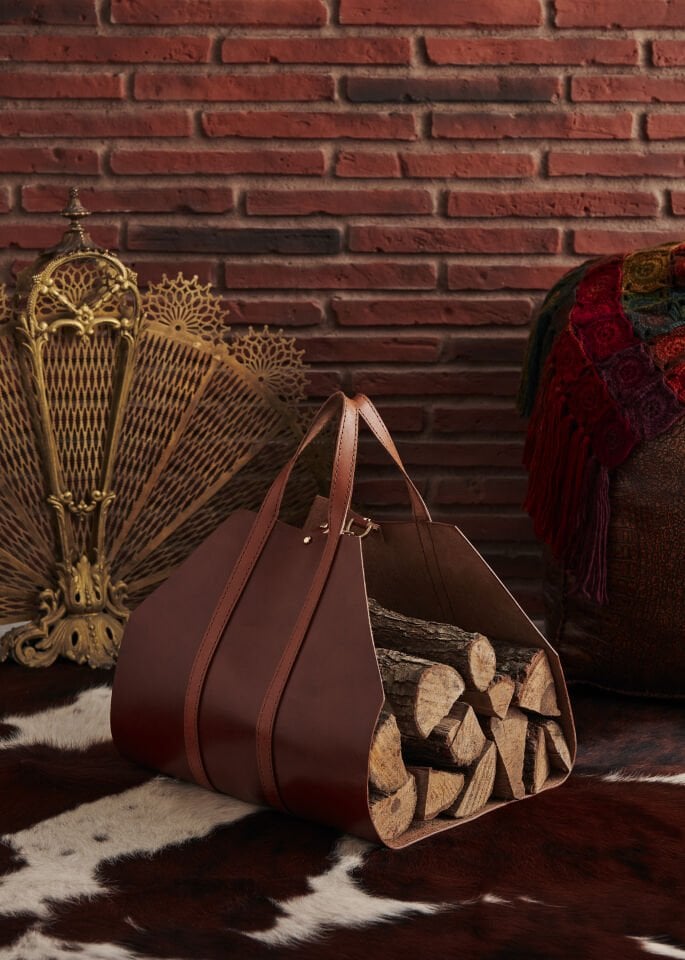 Handcrafted Leather Handle Firewood Holder