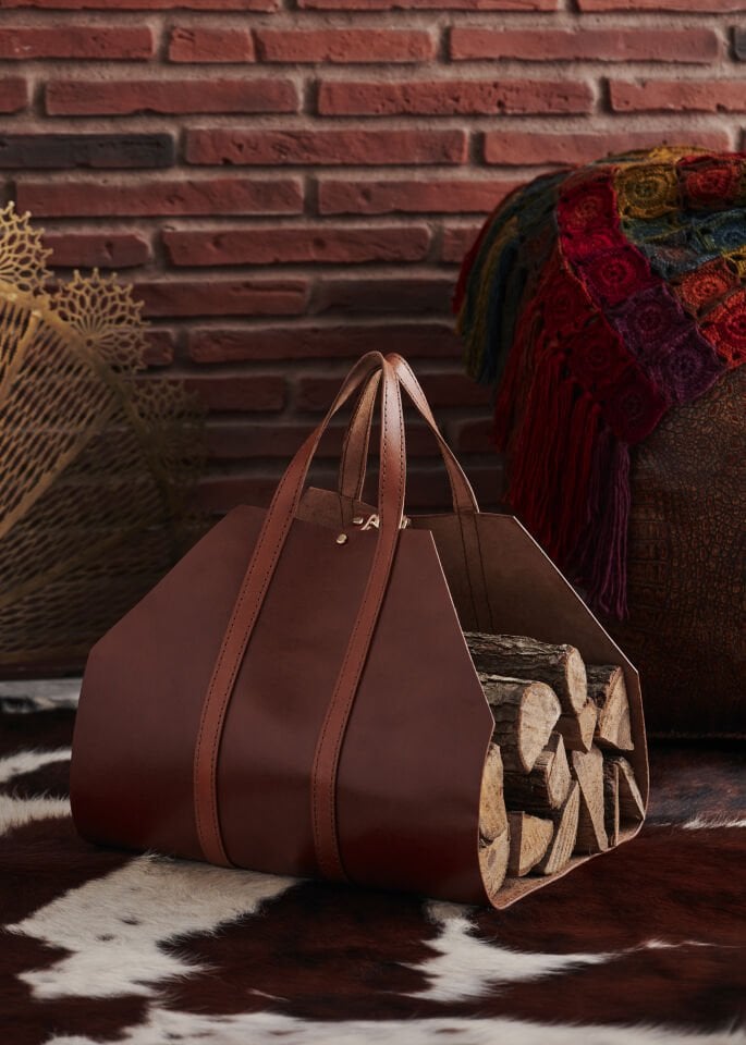 Handcrafted Leather Handle Firewood Holder