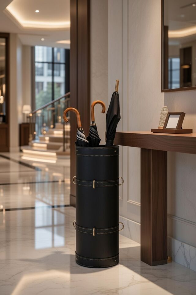 Handcrafted Printed Leather Umbrella Stand – Black