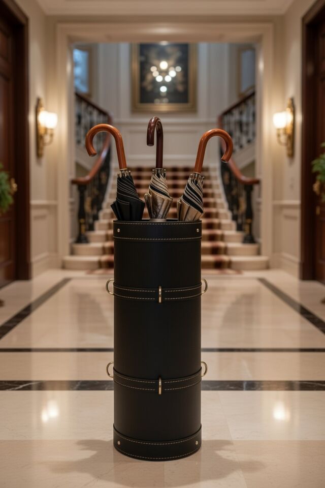 Handcrafted Printed Leather Umbrella Stand – Black
