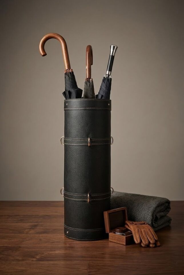 Handcrafted Printed Leather Umbrella Stand – Black